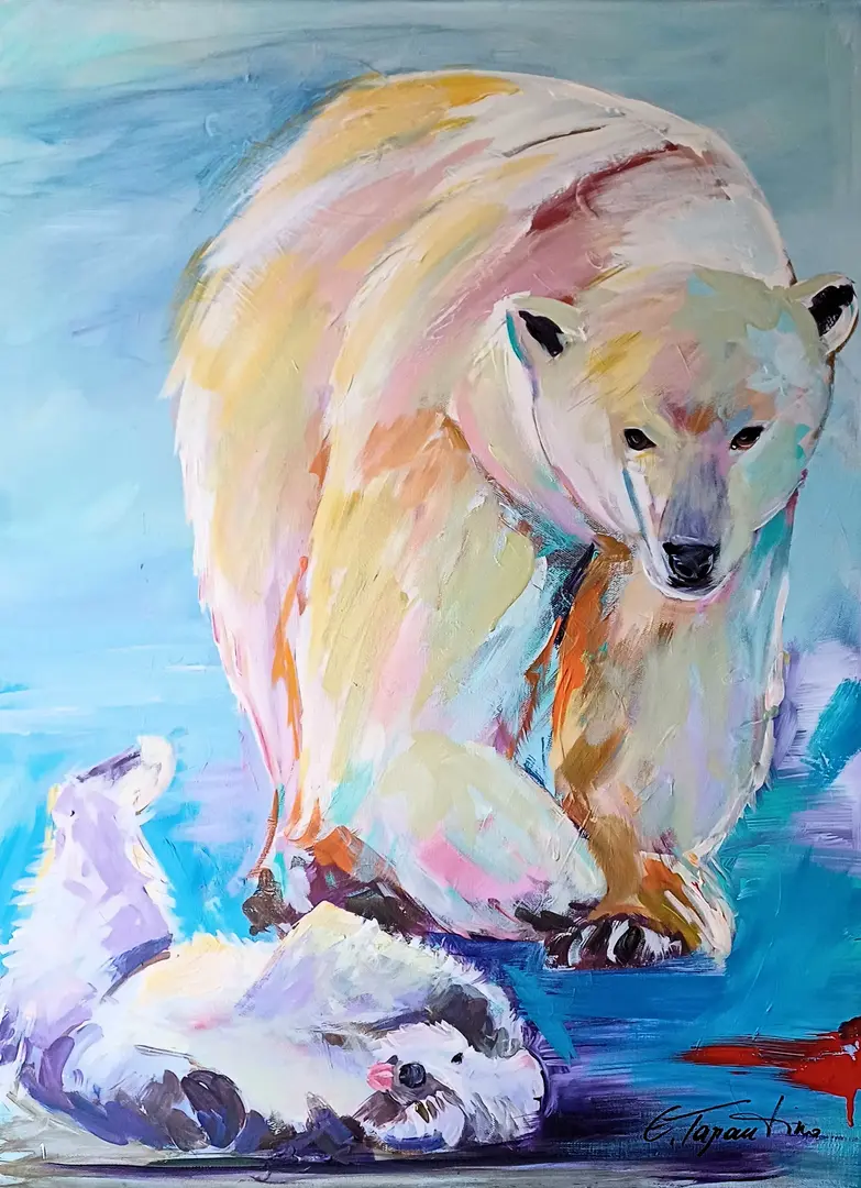 Eisbärmutter mit Kind - Arktisches Tierportrait Acrylbild auf Leinwand 60x80cm von Arte Tarantino